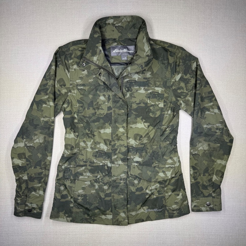Eddie Bauer Womens Camo Utility Jacket Green Full Zip Field Jacket XS